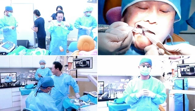 허영구 원장이 라이브서저리에서 수술복을 입고 체어에 누워 직접 임플란트를 식립한 뒤 환한 표정으로 일어서고 있다.