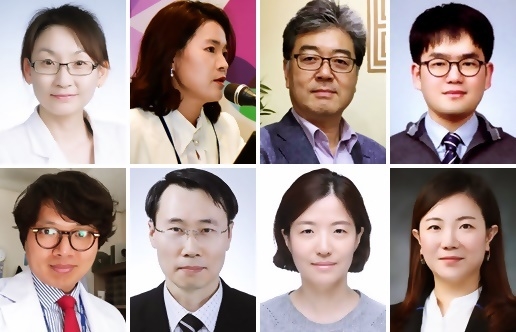측두하악장애학회 2020 종합학술대회 연자들. 윗줄 왼쪽부터 시계방향으로 강수경 교수, 구현숙 보건연구사, 김기순, 김문종, 정원, 장희영, 임영관, 변진석 교수.