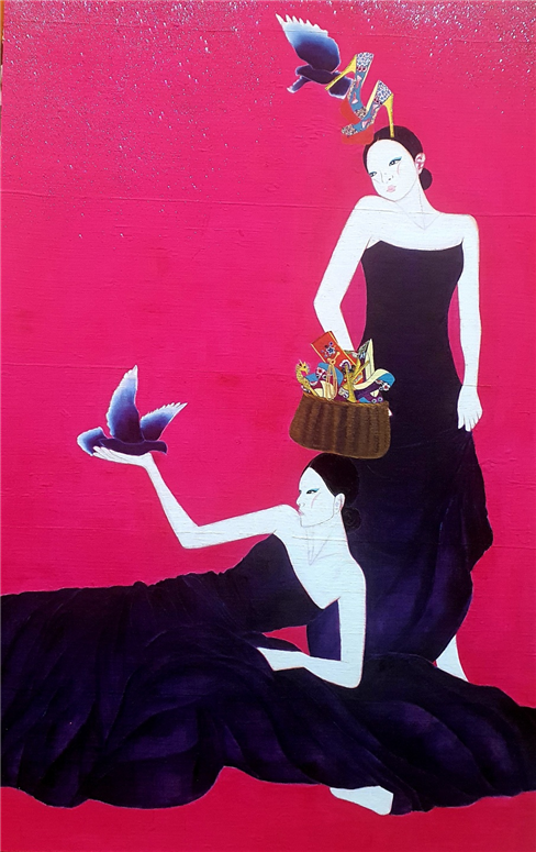김진희 작가의 '참을 수 없는 존재의 가벼움, 날아오르다' No. 59. 162×105cm, 모시에 오일.