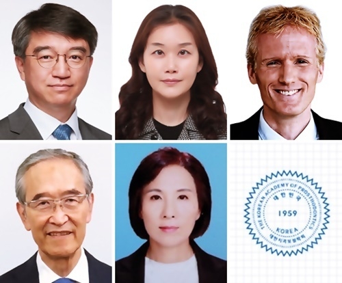 왼쪽부터 (위) 보철학회 심준성 학회장, 신수연 학술이사와 해외연자 Frank Schwarz 교수, (아래) Honda Masaaki 교수 그리고 특강을 맡을 조혜원 교수.