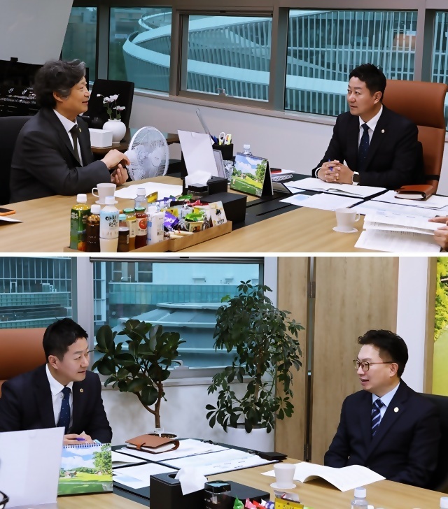 경기도의회 김진경 의장과 면담 중인 경기도치과의사회 전성원 회장(위)과 위현철 부회장(아래).